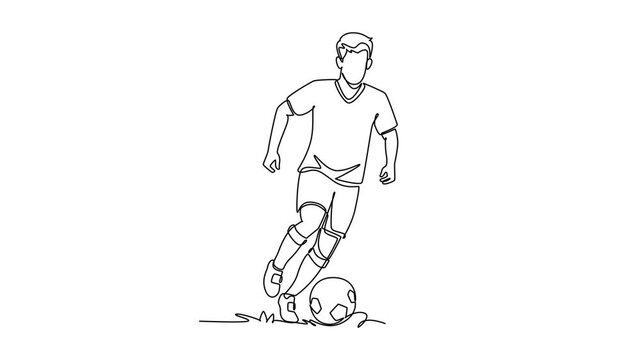 Football player advancing with the ball during a counterattack.Football 2027 concept. Single line draw design. Full length animation illustration. High quality 4k footage
