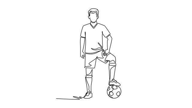 Football player posing confidently with one foot on the ball.Football 2027 concept. Single line draw design. Full length animation illustration. High quality 4k footage