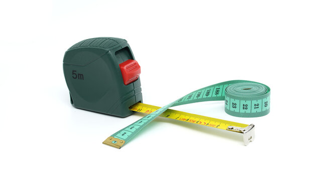 Retractable 5m Tape Measure and Flexible Tailor Measuring Tape on White Background for DIY