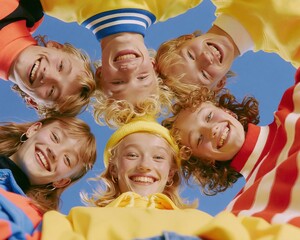 Fototapeta premium Diverse group of happy young friends forming a circle from below against a clear blue sky