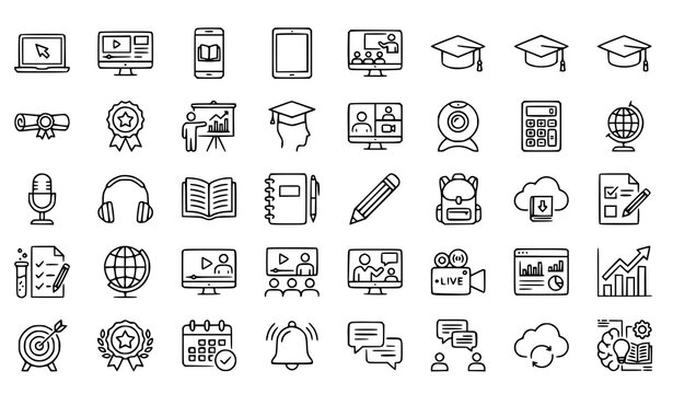 Online Education And E-Learning Vector Icon Set In Outline Style Featuring Graduation Cap Webinar Book Chat And Digital Learning Symbols