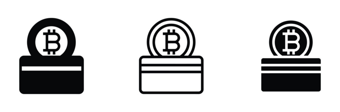 Bitcoin credit card vector icon set, cryptocurrency digital wallet token symbol for finance electronic payment blockchain fintech banking transfer online transaction, flat linear outline silhouette st