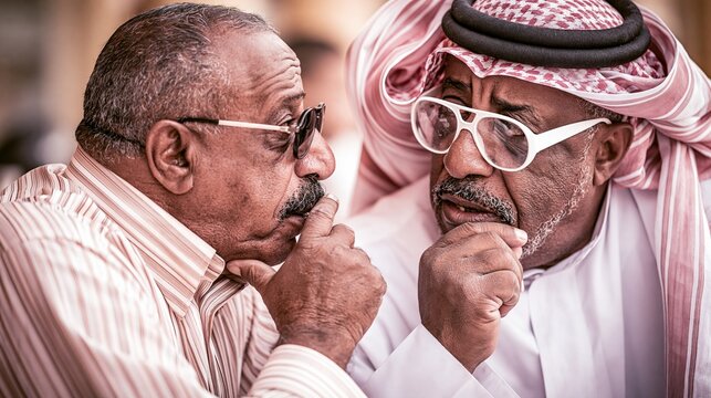 Two Middle Eastern men in traditional attire engaged in a serious conversation, sharing a secret or discussing business.