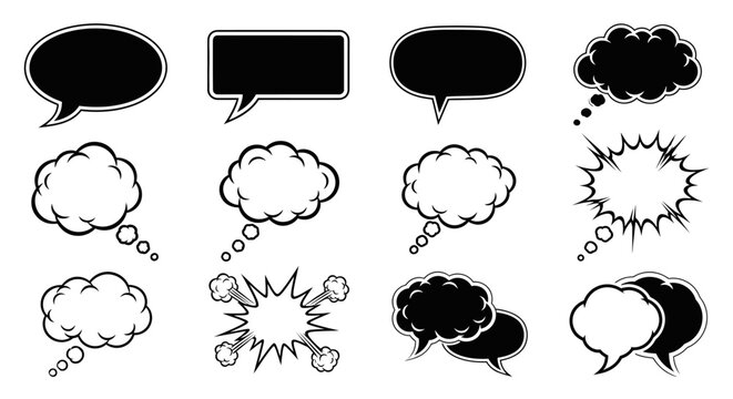 Collection of Speech Bubbles and Thought Clouds - Black and White Comic Style Icons