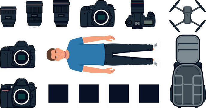 Vector flat lay illustration of professional photographer gear collection featuring cameras lenses drone backpack open case filters and cartoon man character