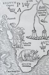 Elephant and one-eyed giant (Monoculi), detail, earliest printed map of the entire African continent, woodcut by Sebastian Münster from Cosmographia Universalis, Basel 1550, Switzerland