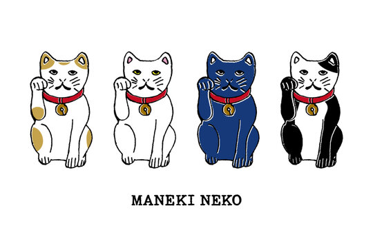 Hand drawn Maneki Neko set, Japanese lucky cats, vintage ink illustration