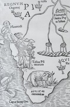 Elephant and one-eyed giant (Monoculi), detail, earliest printed map of the entire African continent, woodcut by Sebastian M&uuml;nster from Cosmographia Universalis, Basel 1550, Switzerland