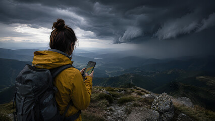 Fototapeta premium Hiker Preparing for Stormy Mountain Weather