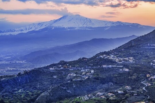 Etna 3357m at dusk, Taormina, east coast, Sicily, Italy