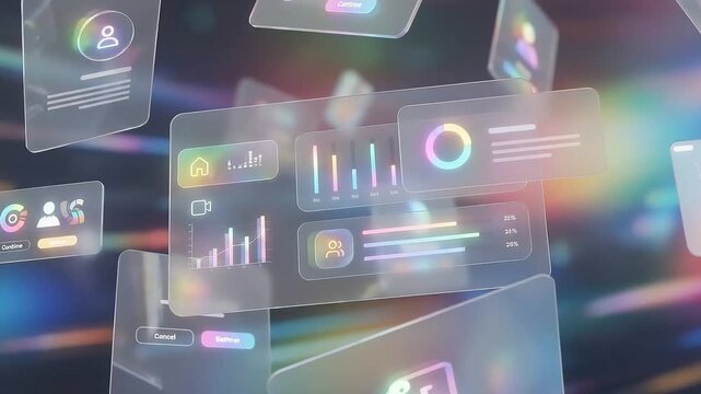 Abstract business data visualization footage featuring floating holographic glass UI screens.