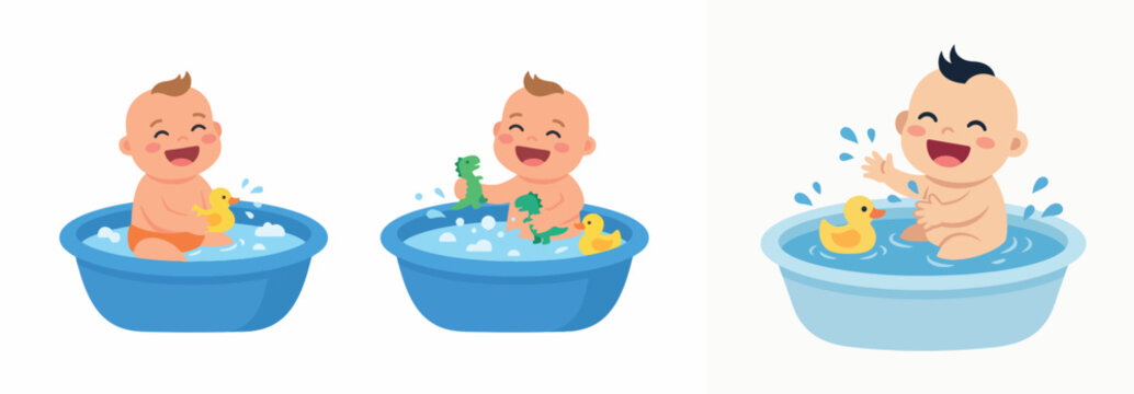 Happy cute baby boy playing with yellow rubber duck in a blue plastic bathtub with soap bubbles vector illustration