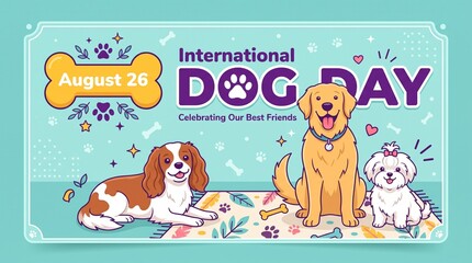 Fototapeta premium Cute cartoon dogs celebrating international dog day with happy expressions and playful elements around them