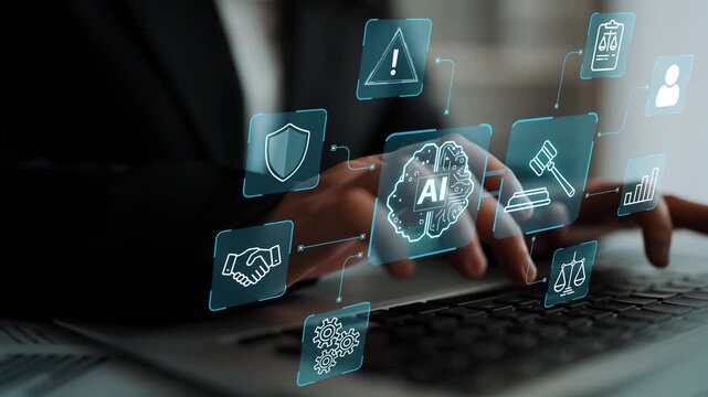 Futuristic AI Technology Interface with Legal Symbols, Business Icons, and Analytical Graphics Represented on a Laptop Screen. Entropy.