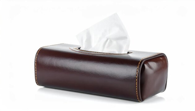 Brown leather tissue box cover on white background.