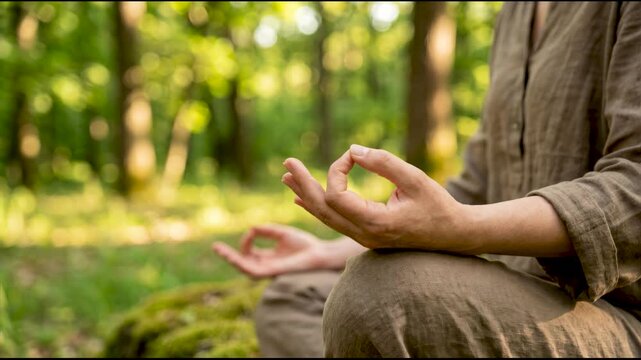 Person practicing meditation and mindfulness in a peaceful forest setting.