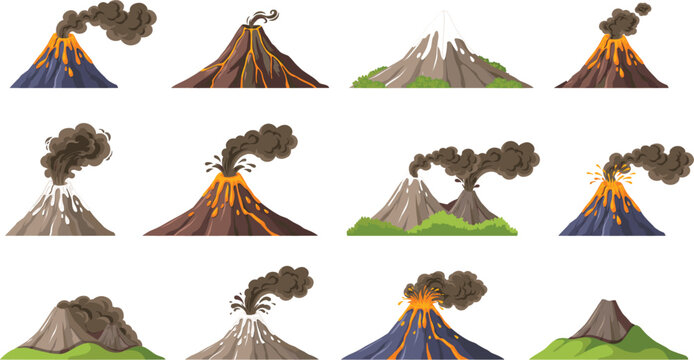 Volcano Collection with Active and Dormant Volcanic Mountains, Lava Eruptions, Ash Clouds, and Geological Landscape Elements for Nature and Educational Designs