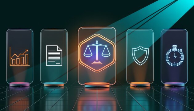 Abstract Neon Law Justice Icons Representing Legal Tech Compliance Security and Digital Rights Management System