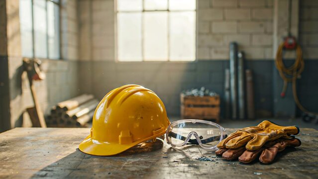 Yellow safety helmet protective glasses and work gloves on industrial workshop table