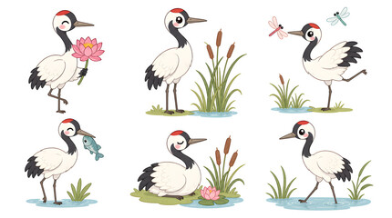 Obraz premium Red-crowned Crane Life: A collection of charming illustrations depicts the red-crowned crane in various delightful activities: holding a lotus flower, standing by reeds, playing with dragonflies.