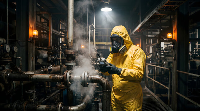 Industrial worker in a yellow hazmat suit and respirator mask uses a detector to inspect a steam leak on factory pipes