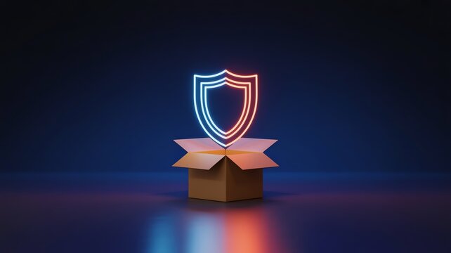 Glowing neon shield icon emerging from open cardboard box for secure shipping and safe delivery
