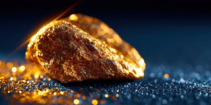 Close up of a large, raw gold nugget resting on a bed of glittering gold dust and dark blue sand with soft bokeh lights