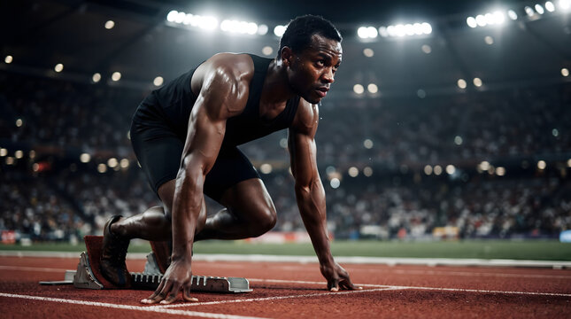 Focused muscular African American male sprinter in starting blocks on a running track inside a floodlit stadium at night