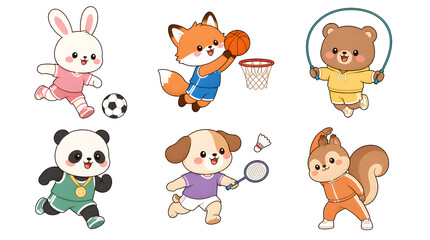 Naklejka premium Cute Cartoon Animals Playing Sports: A whimsical collection of adorable cartoon animals, including a rabbit playing soccer, a fox playing basketball, a bear skipping rope, a panda running.