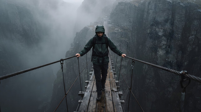 A determined male hiker in a green hooded raincoat crosses a narrow wooden suspension bridge over a deep, foggy mountain canyon.