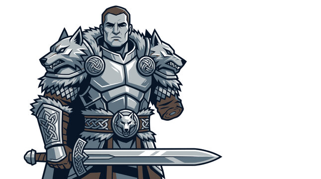 Detailed illustration of a medieval knight in full silver armor standing ready for battle.