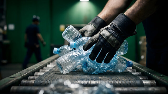 Worker sorting plastic water bottles on conveyor belt at industrial recycling facility