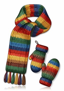 Cozy knitted scarf & mittens set, vibrant rainbow stripes, a heartwarming touch of color.