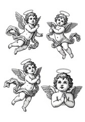 Obraz premium Vintage Engraving Style Cherub Angel Set - Classic Stippled Baby Angels for Religious and Decorative Design