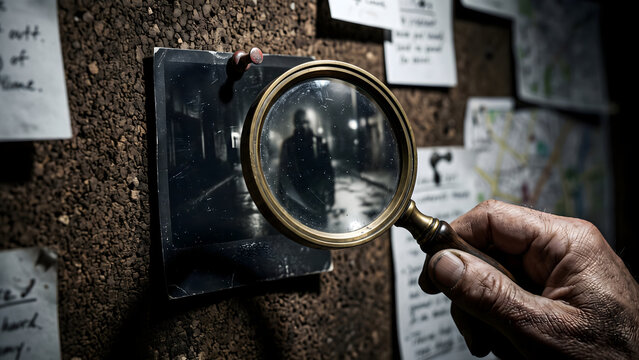 Detective Examining a Mysterious Clue on a Cork Board using a Magnifying Glass