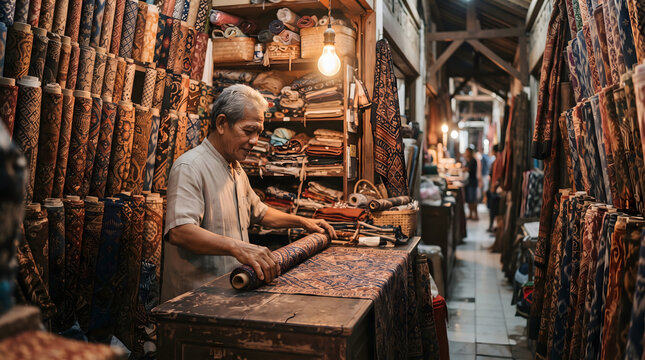 An elderly Asian merchant meticulously rolls traditional patterned batik fabric on a wooden counter inside his vibrant, crowded textile shop.