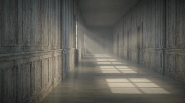 Old wooden hallway with dramatic light and long shadows interior architecture scene
