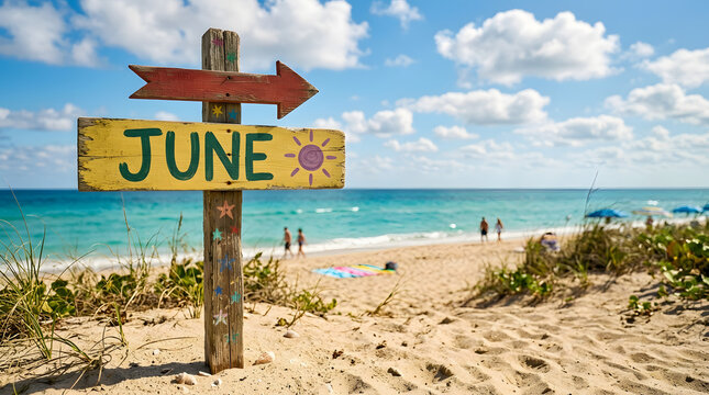 Colorful wooden sign reading june points towards sunny tropical beach with pointing toward sunny rustic wooden destination relaxation background