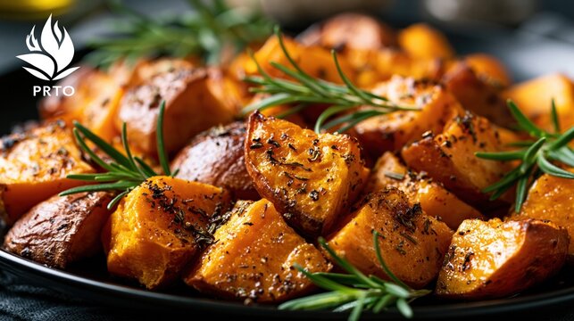 Close-up of delicious roasted butternut squash cubes seasoned with herbs and spices, a healthy autumn side dish