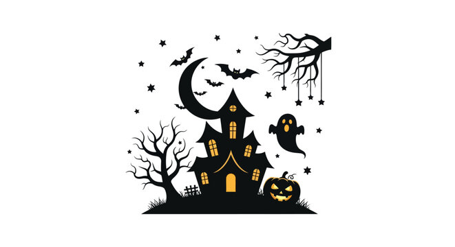 Black haunted house with bats flying.