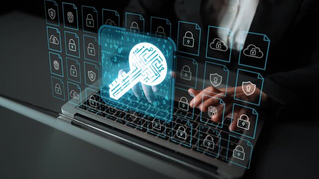 Digital security concept with a person using a laptop, featuring a holographic key and locked files, representing cybersecurity and data protection strategies. Entropy.