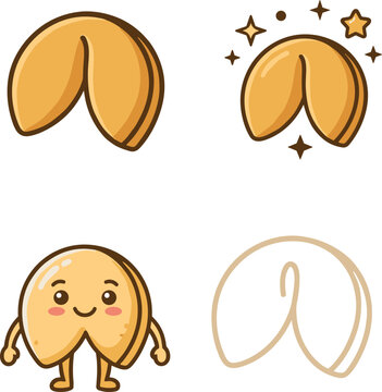 Chinese Fortune Cookie Icon Set Featuring Cute Smiling Cartoon Character Golden Sparkles and Minimalist Linear Art Vector IllustrationsChinese Fortune Cookie Icon Set Featuring Cute Smiling Cartoon Ch