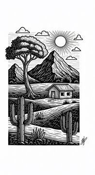 Textured scratchboard art: Desert sun beats down on lonely cabin, ancient tree, and hardy cacti.