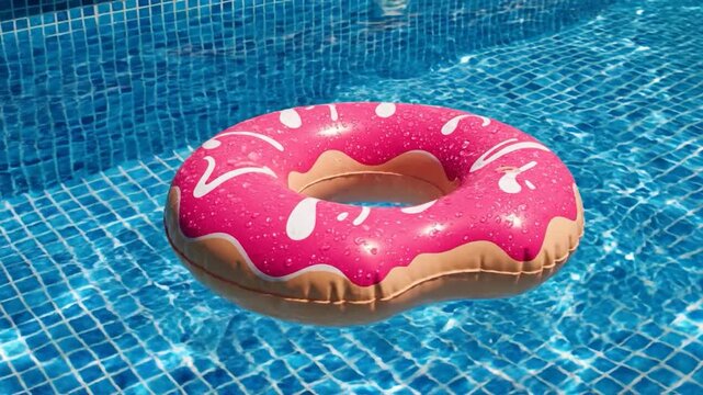 A pink donut float drifts in a blue tiled swimming pool