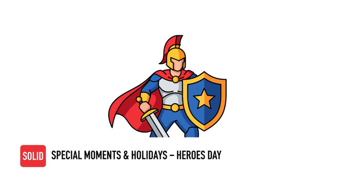 Cartoon knight in armor standing heroically.