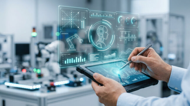Close up of hands holding a rugged tablet with a futuristic holographic display showing robotics diagnostics, kinematic diagrams, and data analysis in an industrial lab
