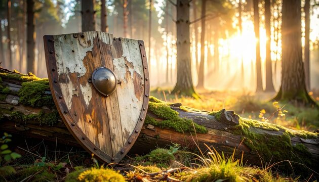 Ancient wooden shield resting on mossy fallen tree in sunlit forest at sunrise, evoking adventure and fantasy