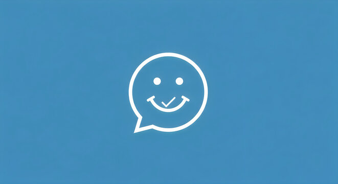 White outline of a smiling face inside a speech bubble on a solid blue background photograph