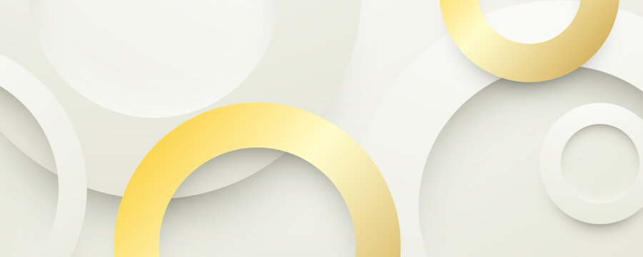 White and Gold Abstract Circle Background Banner with 3D Overlapping Rings