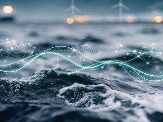 Obraz premium Abstract glowing network overlay on choppy ocean waves with distant offshore wind turbines